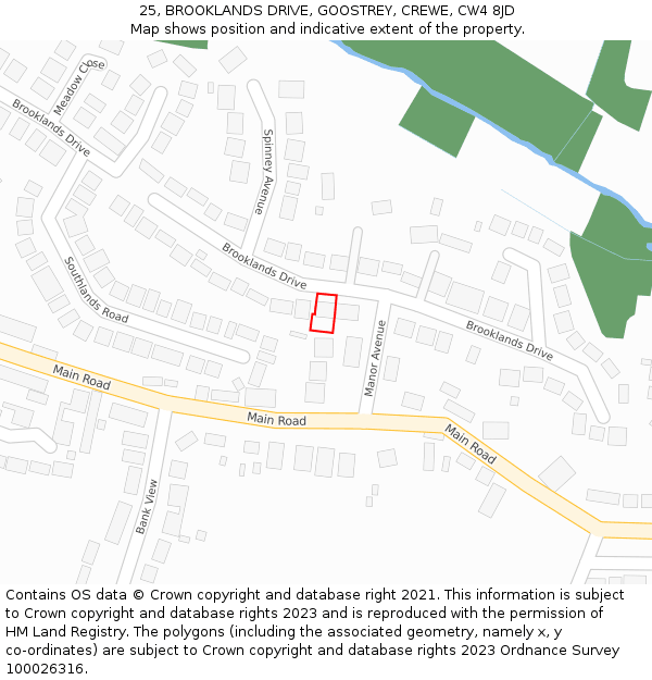 25, BROOKLANDS DRIVE, GOOSTREY, CREWE, CW4 8JD: Location map and indicative extent of plot