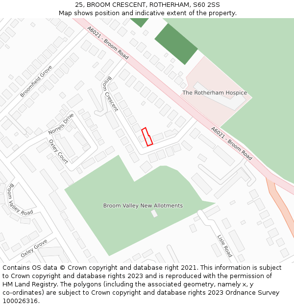 25, BROOM CRESCENT, ROTHERHAM, S60 2SS: Location map and indicative extent of plot