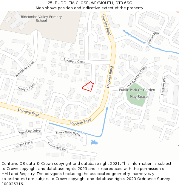25, BUDDLEIA CLOSE, WEYMOUTH, DT3 6SG: Location map and indicative extent of plot