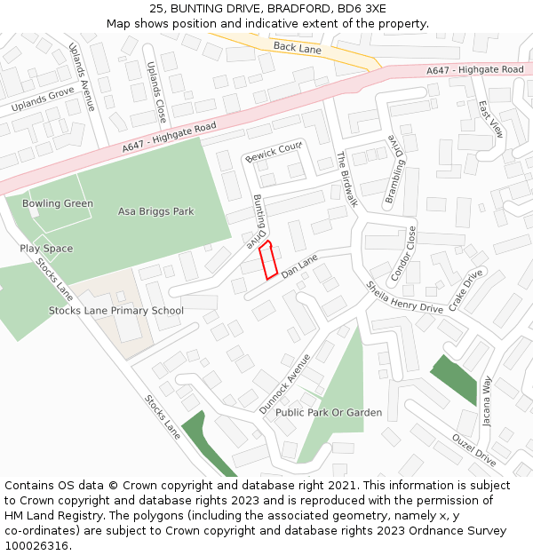 25, BUNTING DRIVE, BRADFORD, BD6 3XE: Location map and indicative extent of plot