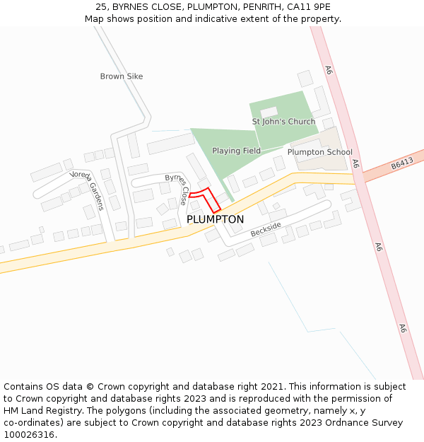 25, BYRNES CLOSE, PLUMPTON, PENRITH, CA11 9PE: Location map and indicative extent of plot