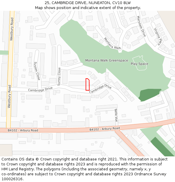25, CAMBRIDGE DRIVE, NUNEATON, CV10 8LW: Location map and indicative extent of plot