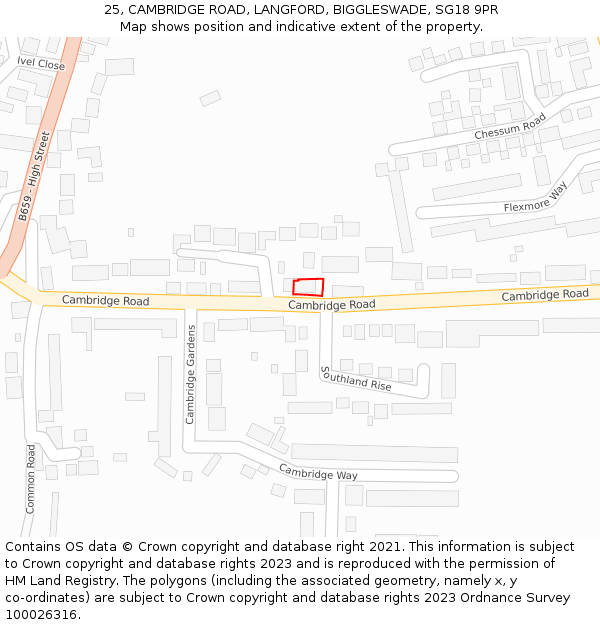 25, CAMBRIDGE ROAD, LANGFORD, BIGGLESWADE, SG18 9PR: Location map and indicative extent of plot