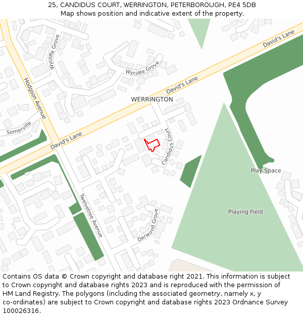25, CANDIDUS COURT, WERRINGTON, PETERBOROUGH, PE4 5DB: Location map and indicative extent of plot