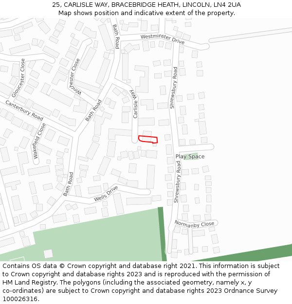 25, CARLISLE WAY, BRACEBRIDGE HEATH, LINCOLN, LN4 2UA: Location map and indicative extent of plot