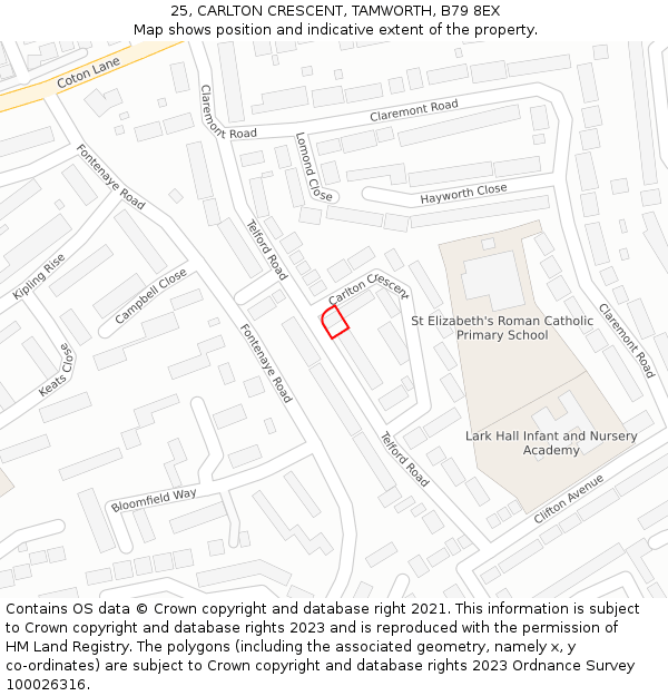 25, CARLTON CRESCENT, TAMWORTH, B79 8EX: Location map and indicative extent of plot