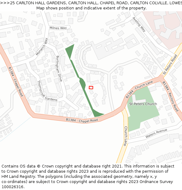 25 CARLTON HALL GARDENS, CARLTON HALL, CHAPEL ROAD, CARLTON COLVILLE, LOWESTOFT, NR33 8BL: Location map and indicative extent of plot