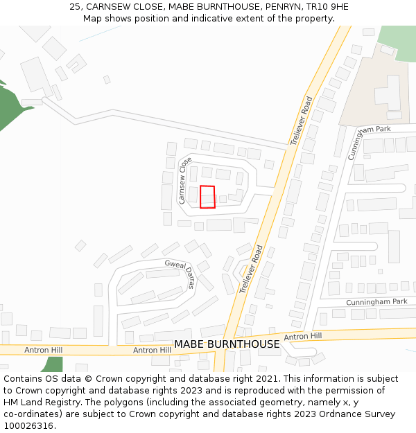 25, CARNSEW CLOSE, MABE BURNTHOUSE, PENRYN, TR10 9HE: Location map and indicative extent of plot