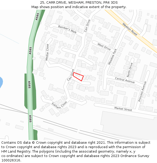 25, CARR DRIVE, WESHAM, PRESTON, PR4 3DS: Location map and indicative extent of plot
