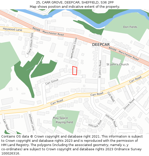 25, CARR GROVE, DEEPCAR, SHEFFIELD, S36 2PP: Location map and indicative extent of plot
