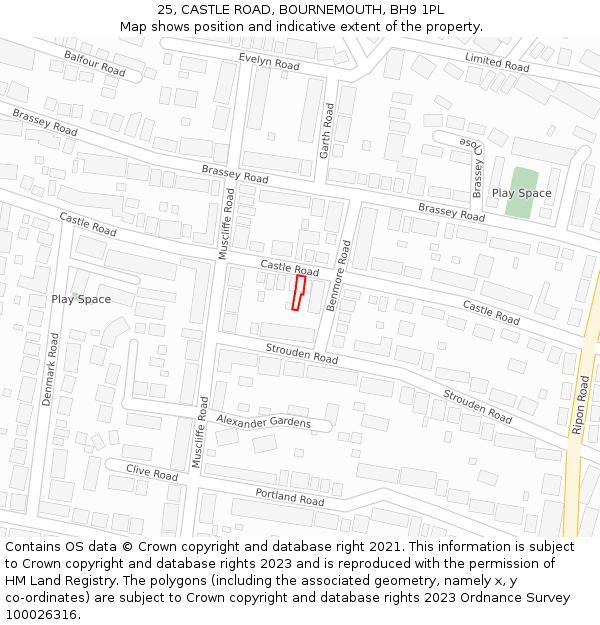 25, CASTLE ROAD, BOURNEMOUTH, BH9 1PL: Location map and indicative extent of plot