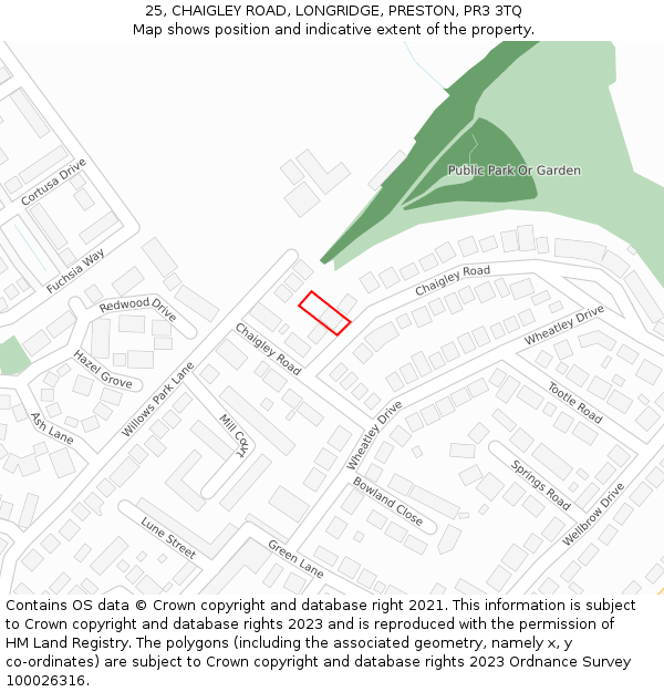 25, CHAIGLEY ROAD, LONGRIDGE, PRESTON, PR3 3TQ: Location map and indicative extent of plot