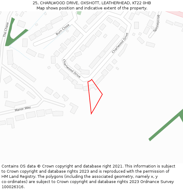25, CHARLWOOD DRIVE, OXSHOTT, LEATHERHEAD, KT22 0HB: Location map and indicative extent of plot