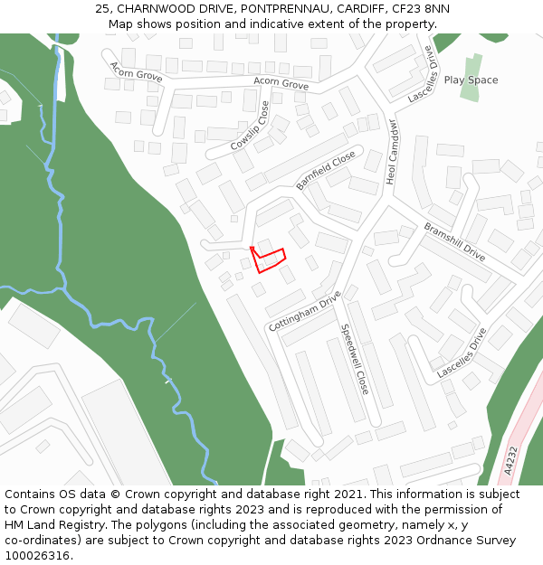 25, CHARNWOOD DRIVE, PONTPRENNAU, CARDIFF, CF23 8NN: Location map and indicative extent of plot