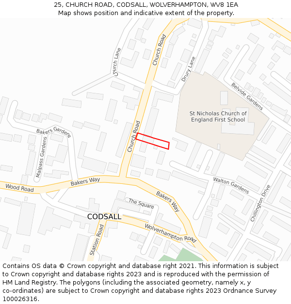25, CHURCH ROAD, CODSALL, WOLVERHAMPTON, WV8 1EA: Location map and indicative extent of plot