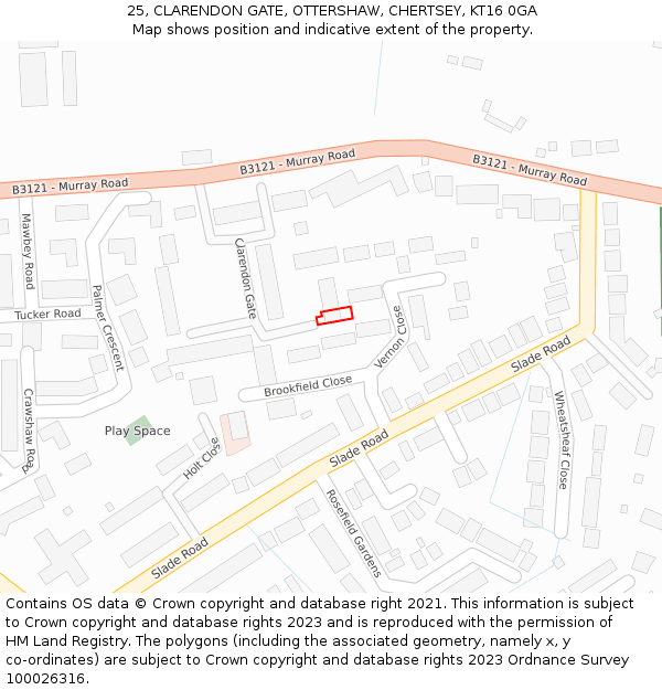 25, CLARENDON GATE, OTTERSHAW, CHERTSEY, KT16 0GA: Location map and indicative extent of plot