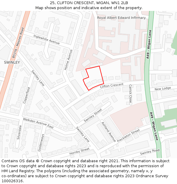 25, CLIFTON CRESCENT, WIGAN, WN1 2LB: Location map and indicative extent of plot