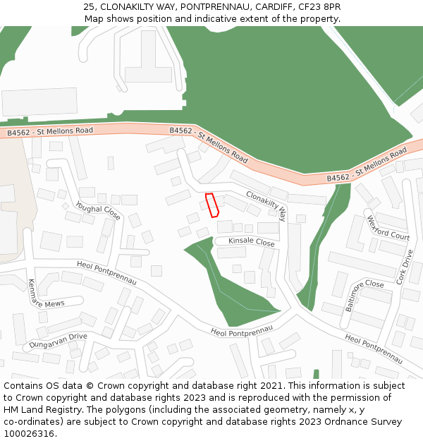 25, CLONAKILTY WAY, PONTPRENNAU, CARDIFF, CF23 8PR: Location map and indicative extent of plot