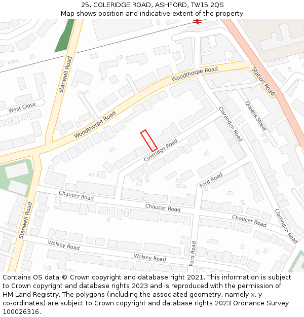 25, COLERIDGE ROAD, ASHFORD, TW15 2QS: Location map and indicative extent of plot