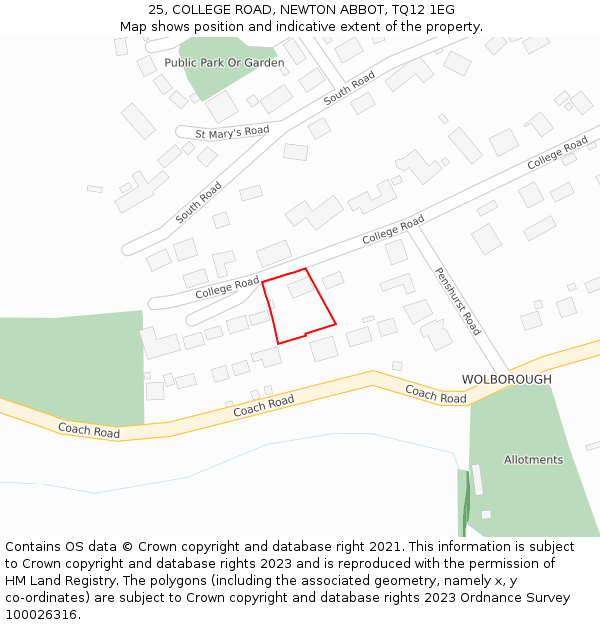 25, COLLEGE ROAD, NEWTON ABBOT, TQ12 1EG: Location map and indicative extent of plot