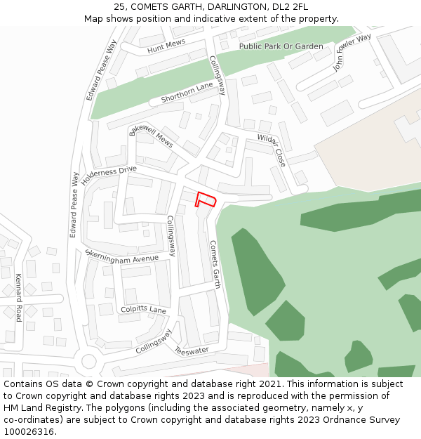 25, COMETS GARTH, DARLINGTON, DL2 2FL: Location map and indicative extent of plot