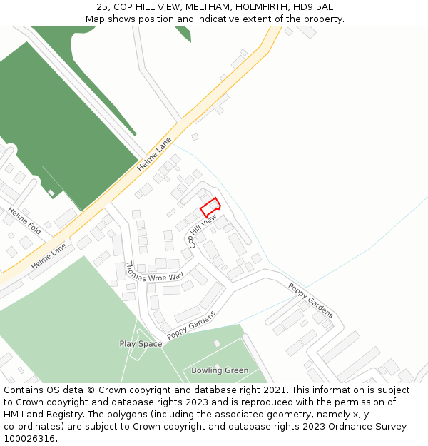 25, COP HILL VIEW, MELTHAM, HOLMFIRTH, HD9 5AL: Location map and indicative extent of plot