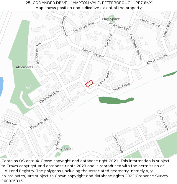 25, CORIANDER DRIVE, HAMPTON VALE, PETERBOROUGH, PE7 8NX: Location map and indicative extent of plot