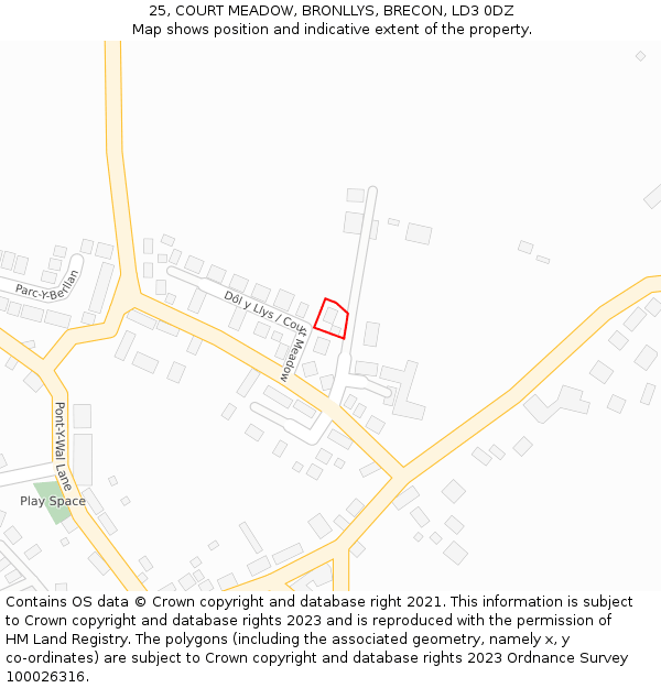 25, COURT MEADOW, BRONLLYS, BRECON, LD3 0DZ: Location map and indicative extent of plot