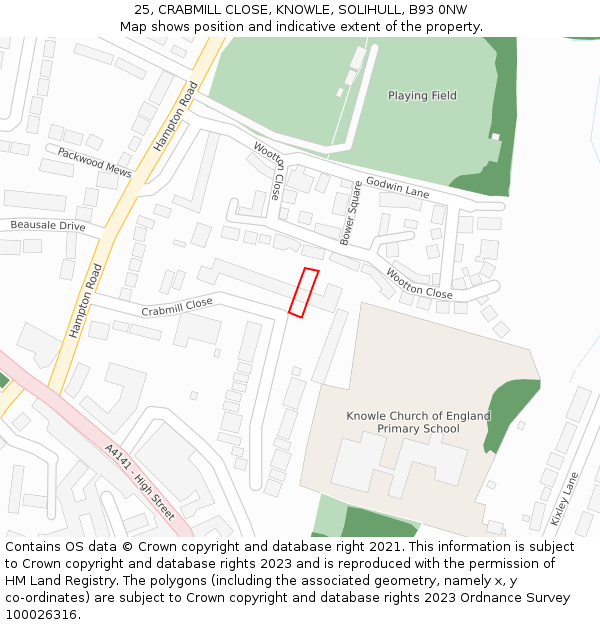 25, CRABMILL CLOSE, KNOWLE, SOLIHULL, B93 0NW: Location map and indicative extent of plot