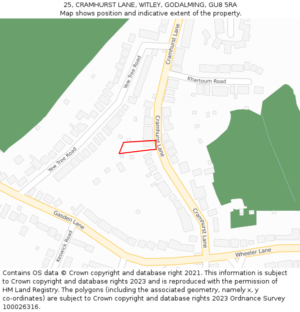 25, CRAMHURST LANE, WITLEY, GODALMING, GU8 5RA: Location map and indicative extent of plot