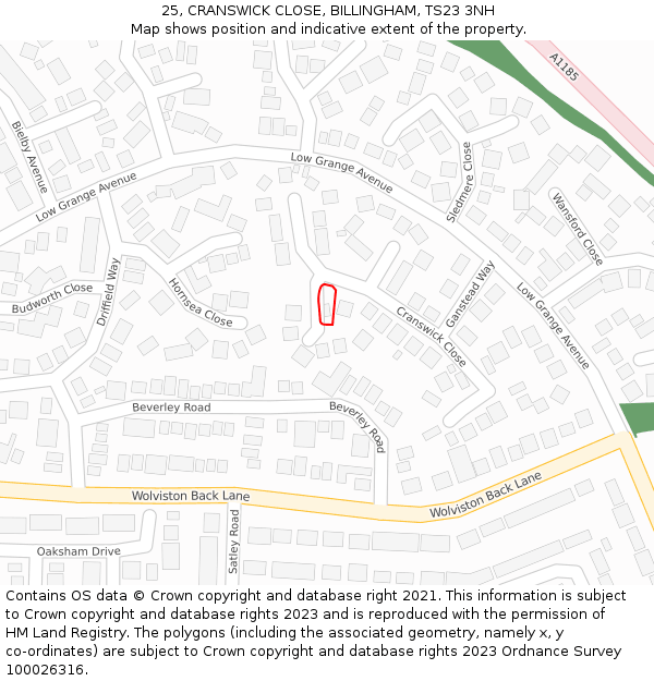 25, CRANSWICK CLOSE, BILLINGHAM, TS23 3NH: Location map and indicative extent of plot