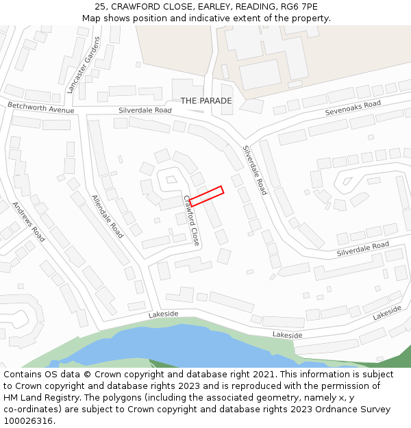 25, CRAWFORD CLOSE, EARLEY, READING, RG6 7PE: Location map and indicative extent of plot