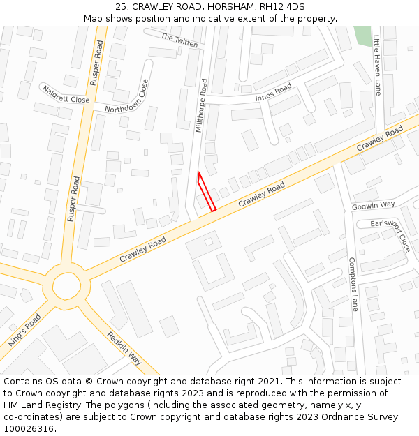 25, CRAWLEY ROAD, HORSHAM, RH12 4DS: Location map and indicative extent of plot