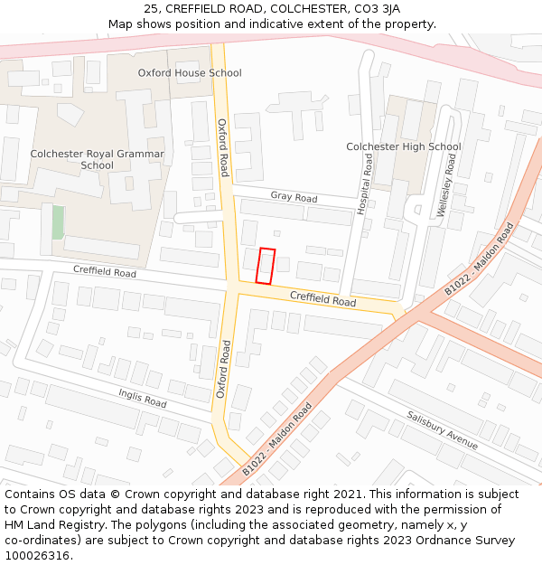 25, CREFFIELD ROAD, COLCHESTER, CO3 3JA: Location map and indicative extent of plot