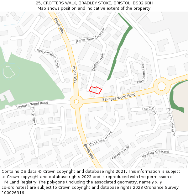 25, CROFTERS WALK, BRADLEY STOKE, BRISTOL, BS32 9BH: Location map and indicative extent of plot