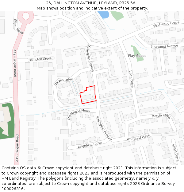 25, DALLINGTON AVENUE, LEYLAND, PR25 5AH: Location map and indicative extent of plot