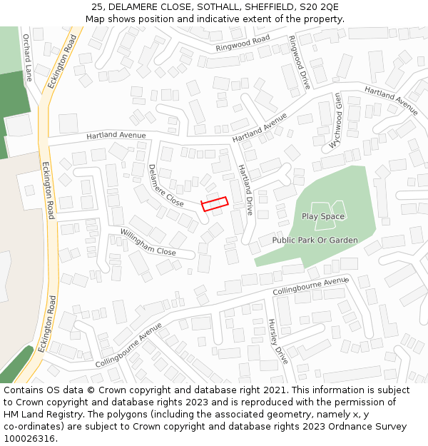 25, DELAMERE CLOSE, SOTHALL, SHEFFIELD, S20 2QE: Location map and indicative extent of plot