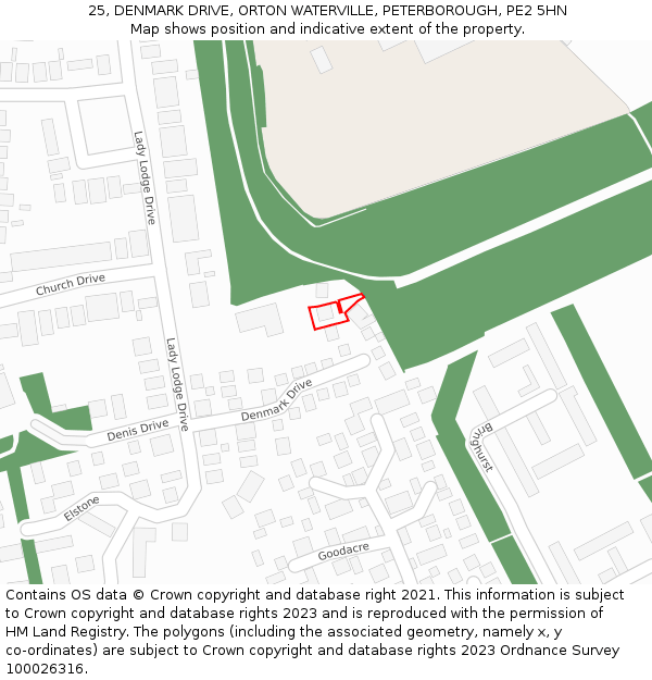 25, DENMARK DRIVE, ORTON WATERVILLE, PETERBOROUGH, PE2 5HN: Location map and indicative extent of plot