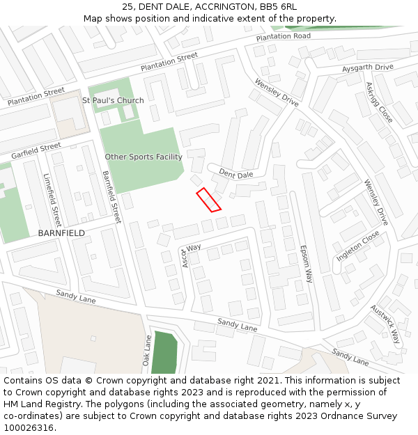 25, DENT DALE, ACCRINGTON, BB5 6RL: Location map and indicative extent of plot