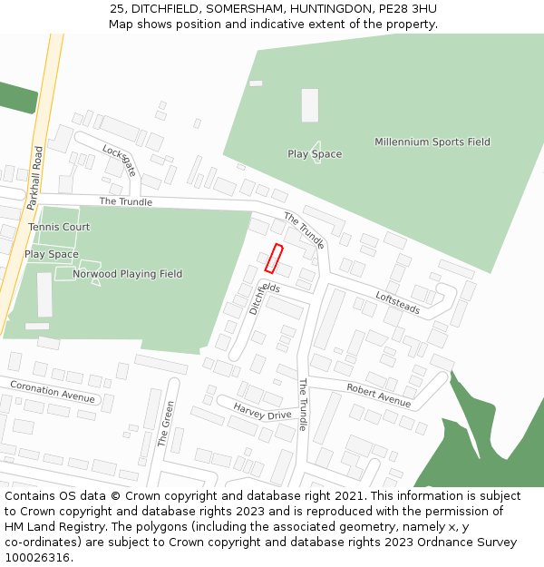 25, DITCHFIELD, SOMERSHAM, HUNTINGDON, PE28 3HU: Location map and indicative extent of plot