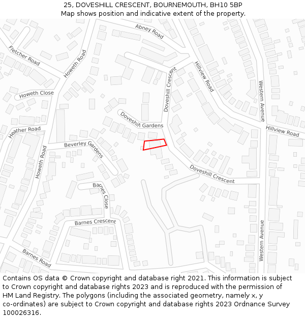 25, DOVESHILL CRESCENT, BOURNEMOUTH, BH10 5BP: Location map and indicative extent of plot