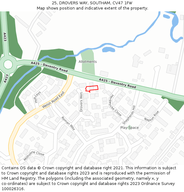 25, DROVERS WAY, SOUTHAM, CV47 1FW: Location map and indicative extent of plot