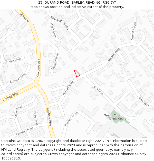 25, DURAND ROAD, EARLEY, READING, RG6 5YT: Location map and indicative extent of plot