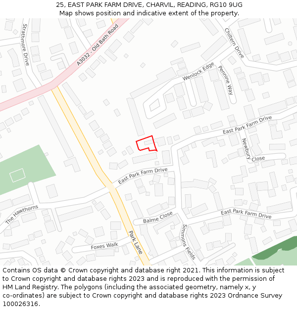 25, EAST PARK FARM DRIVE, CHARVIL, READING, RG10 9UG: Location map and indicative extent of plot
