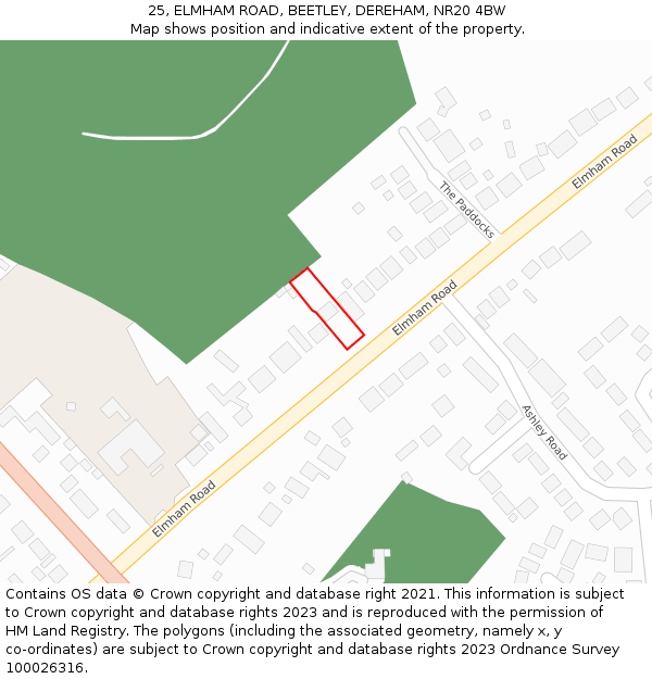 25, ELMHAM ROAD, BEETLEY, DEREHAM, NR20 4BW: Location map and indicative extent of plot