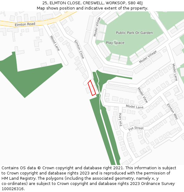 25, ELMTON CLOSE, CRESWELL, WORKSOP, S80 4EJ: Location map and indicative extent of plot