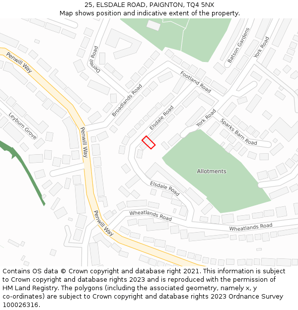 25, ELSDALE ROAD, PAIGNTON, TQ4 5NX: Location map and indicative extent of plot
