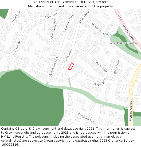 25, ESSEX CHASE, PRIORSLEE, TELFORD, TF2 9ST: Location map and indicative extent of plot