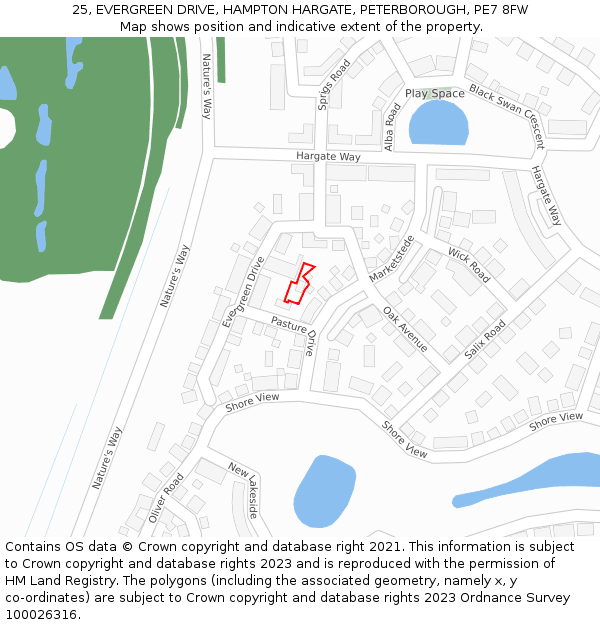 25, EVERGREEN DRIVE, HAMPTON HARGATE, PETERBOROUGH, PE7 8FW: Location map and indicative extent of plot