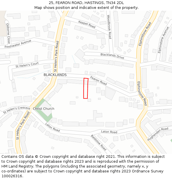 25, FEARON ROAD, HASTINGS, TN34 2DL: Location map and indicative extent of plot